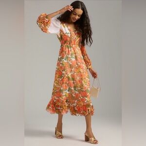 Vineet Bahl Anthropologie Floral Midi Dress XXS Orange Boho Romantic